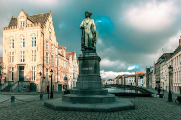 Fototapeta na wymiar Jan Van Eyck Square and Spiegel in Bruges, Belgium