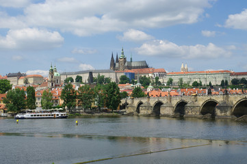 View of Charles Bridge and Prague Castle from the river Vltava, Czech Republic