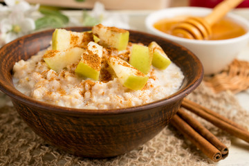 Oatmeal with apple and cinnamon in the bowl, honey and cinnamon