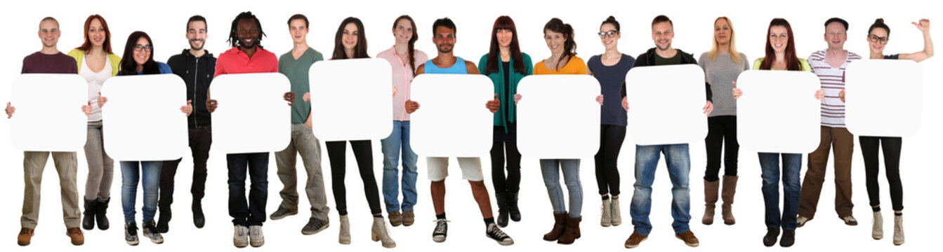 Gruppe junge Leute People halten Textfreiraum f&uuml;r neun Buchstab