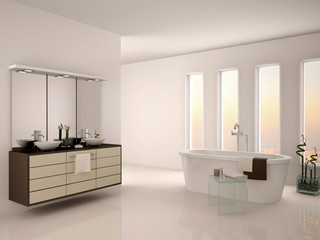 Fototapeta na wymiar 3d illustration of bright minimalistic interior of a modern bath