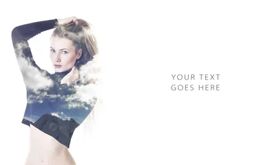 Double exposure of closeup woman portrait and mountainscape card © patronestaff