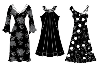 Woman dresses.Vector black silhouettes of clothes isolated on wh