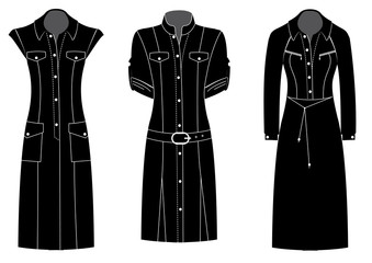 Woman dresses.Vector black silhouettes of clothes isolated