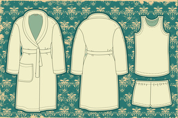 Bathrobe and unredwear for man.Vector illustration on vintage wa