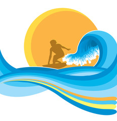 Surfing.Vector man on blue wave