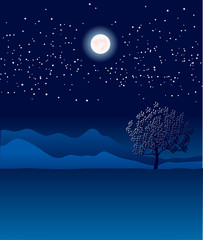 Lonely tree in night landscape.Vector blue illustration