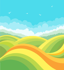 nature landscape with green fields and birds in blue sky.Vector