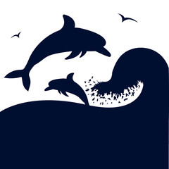 Dolphins jumping in big sea wave.Vector silhouete  isolated on w