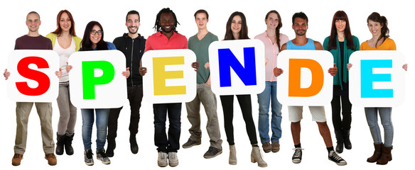 Gruppe junge Leute People multikulturell halten Wort Spende