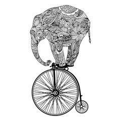Stylized fantasy patterned elephant on vintage bicycle 