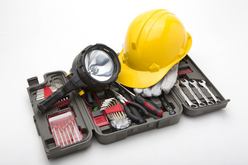 construction equipment  hat ,hammer flashlight on a white background