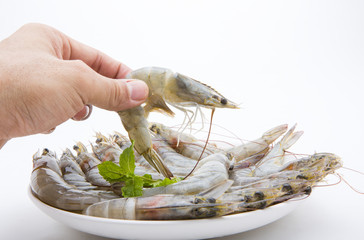 raw shrimps on white background on plate