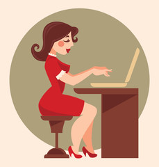 retro office girl, vector cartoon illustration