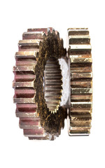Closeup of steel gears meshing together