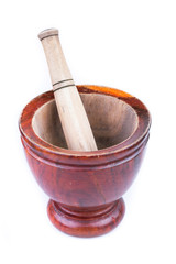 wooden mortar and pestle isolated on white background