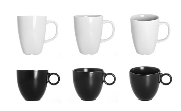 white cup isolated on white background, black cups isolated on a white background, a set of cups