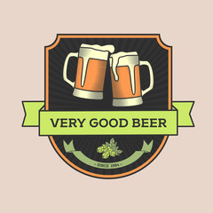 Vintage vector illustration, concept or logo pub, beer. Two glasses of beer and the caption 