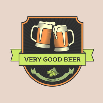 Vintage vector illustration, concept or logo pub, beer. Two glasses of beer and the caption "Very good beer". Can be used to design bar, pub, posters, flyers, decorating windows, printing on T-shirts.