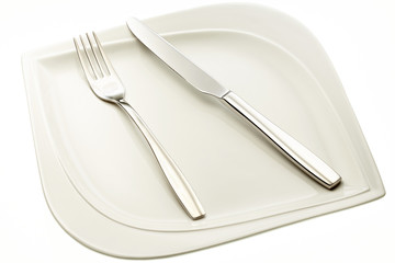 Stainless fork and knife on plate