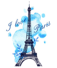 Fototapeta na wymiar Blue watercolor blots and Eiffel Tower