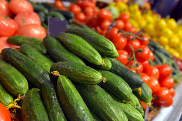 Cucumbers on display in a supermarket
