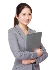 Fototapeta premium Young Businesswoman hold with notebook computer