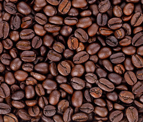 Brown coffee beans, close-up of coffee beans for background