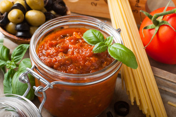 Glass jar with homemade tomato pasta sauce