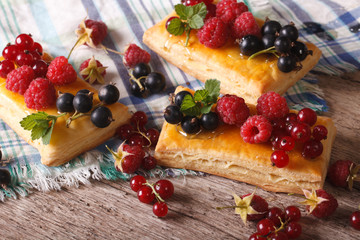 small berry pies with honey and mint close-up. Horizontal
