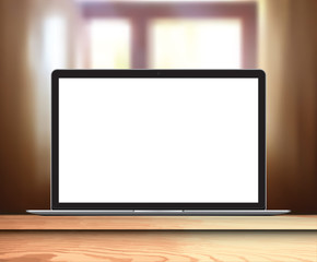 Laptop with blank screen on table in living room - realistic vector illustration