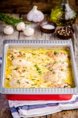 Baked chicken legs in mustard sauce with mushrooms