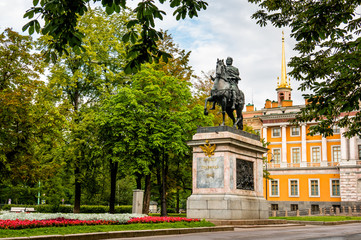 Monument of Peter the First near Mikhailovsky castle in the morn