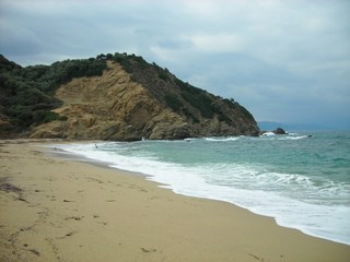 Megalos Aselinos beach at Skiathos island, Greece, on a cloudy, windy day in early autumn.