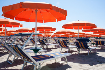 Umbrellas and sunbeds in Cesenatico Beach, Italy