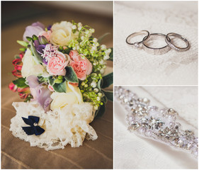 Collage from wedding photos, bridal accessories
