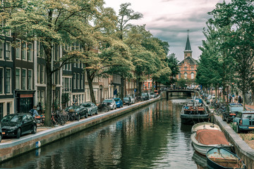 Obraz premium Amsterdam canal and typical houses, Holland