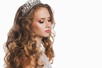Portrait of young beautiful bride with stylish make-up and