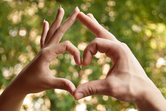 Female and male hand forming sign of heart