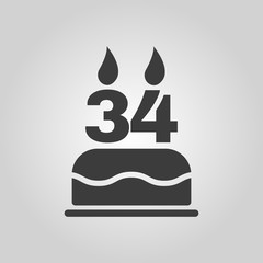The birthday cake with candles in the form of number 34 icon. Birthday symbol. Flat