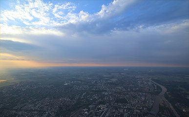Panoramic view over the German city Magdeburg from a hot air balloon looking in northern direction