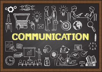 Business doodles about communication on chalkboard.