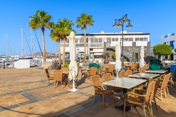 Kissenbezug Restaurant tables in Rubicon port, Playa Blanca town, Lanzarote, Canary Islands, Spain © pkazmierczak