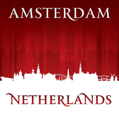 Amsterdam Netherlands city skyline silhouette red background