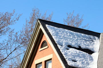 Pitched shingle roof covered with snow