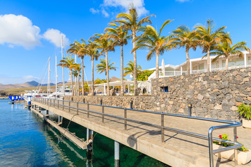 Fototapeta na wymiar Palm trees in Caribbean style port for yacht boats, Puerto Calero, Lanzarote island, Spain