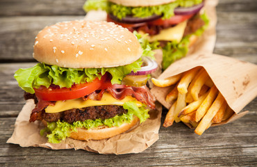 Delicious hamburger and fries
