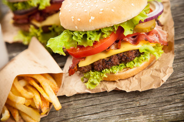 Delicious hamburger and fries