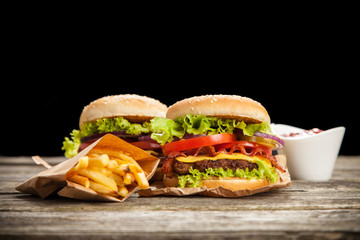 Delicious hamburger and fries