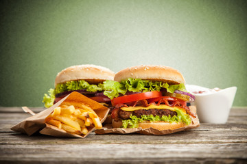 Delicious hamburger and fries